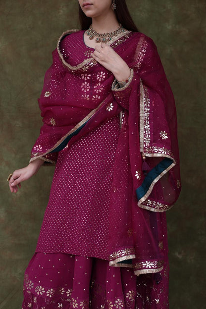Mukaish Kamdani Plum shade Pure Georgette Kurta Gharara Set with Organza Dupatta