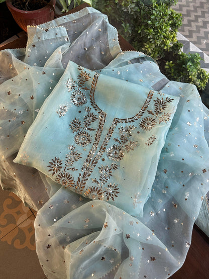 Sea Green Shade Noor Organza Silk Badla Unstitched Kurta Dupatta Set