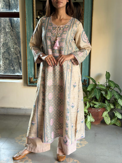 Basak Pink & Blue Natural Tussar Silk Kalidar Chikankari Kurta Set