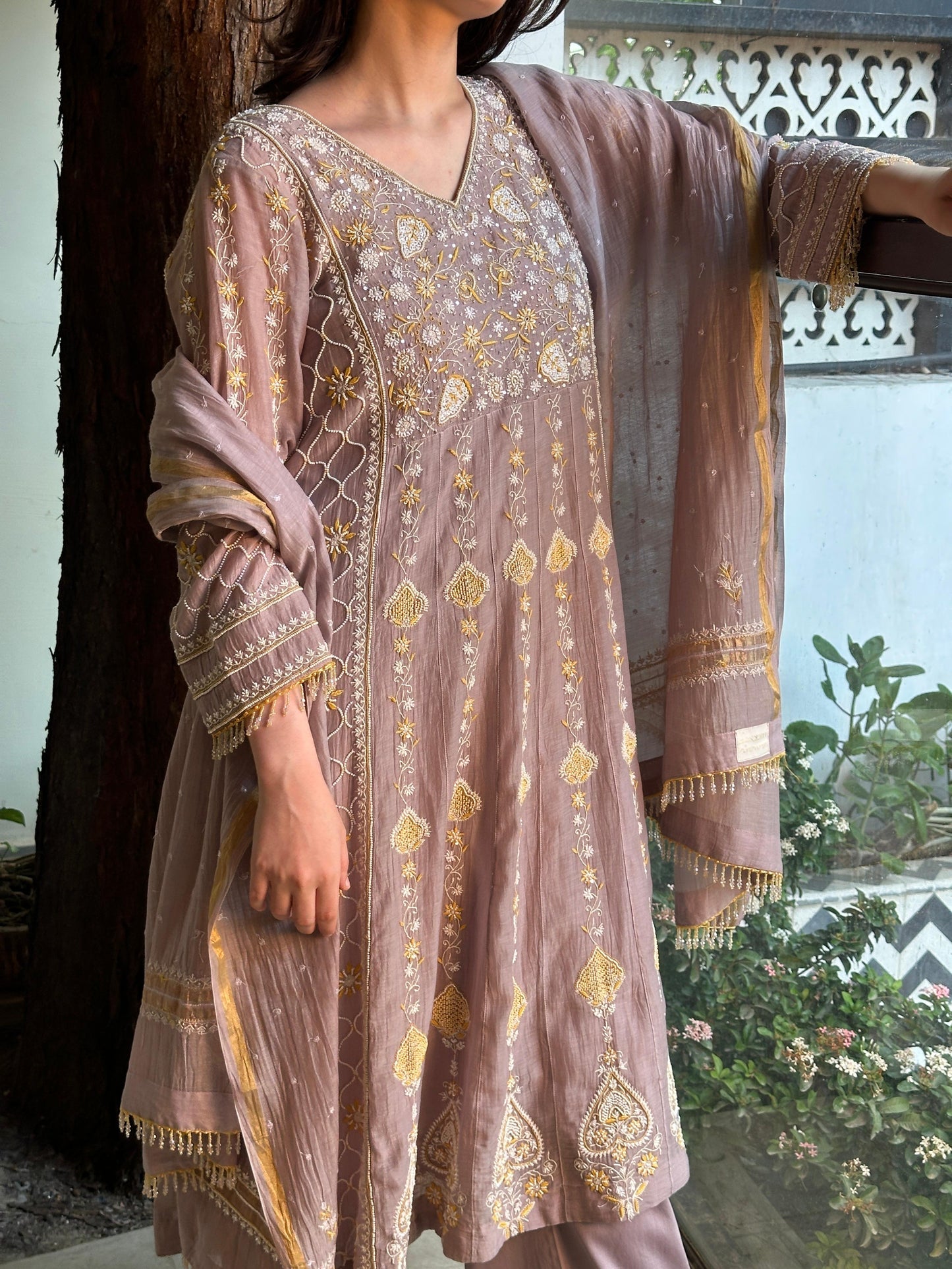 Mauve Shade Malmal Pearl Work Chikankari Kalidar Kurta Set
