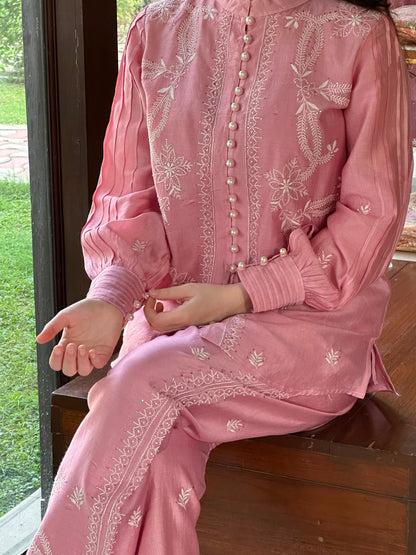 Pink Chanderi Chikankari Co-Ord Set