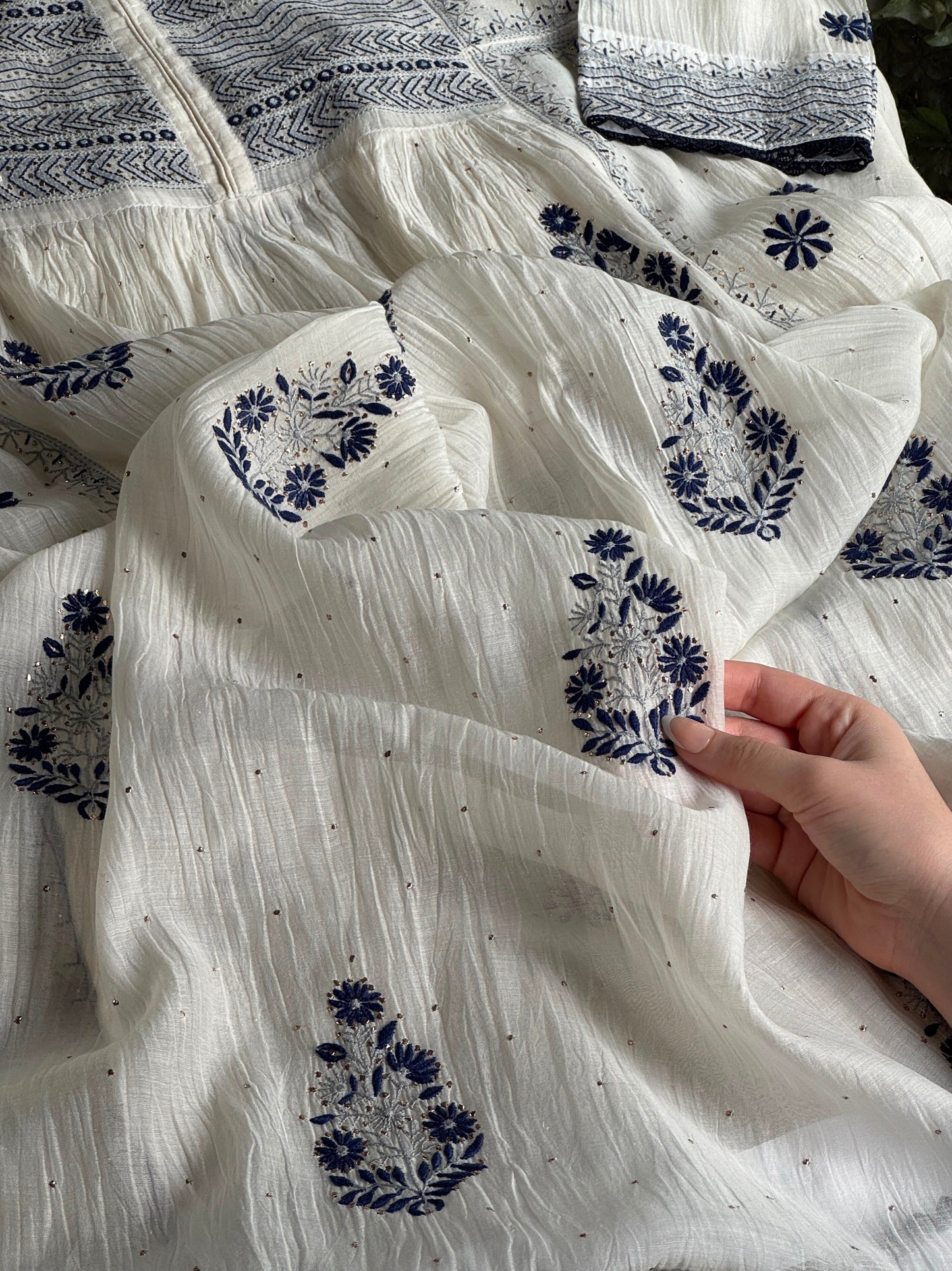 White Melon | Malmal Mukaish Kamdani Chikankari Stitched Kurta Dupatta Set