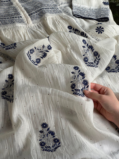 White Melon | Malmal Mukaish Kamdani Chikankari Stitched Kurta Dupatta Set