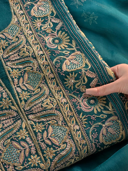 Peacock Blue Shade Moonga Silk Chikankari Unstitched Fabric