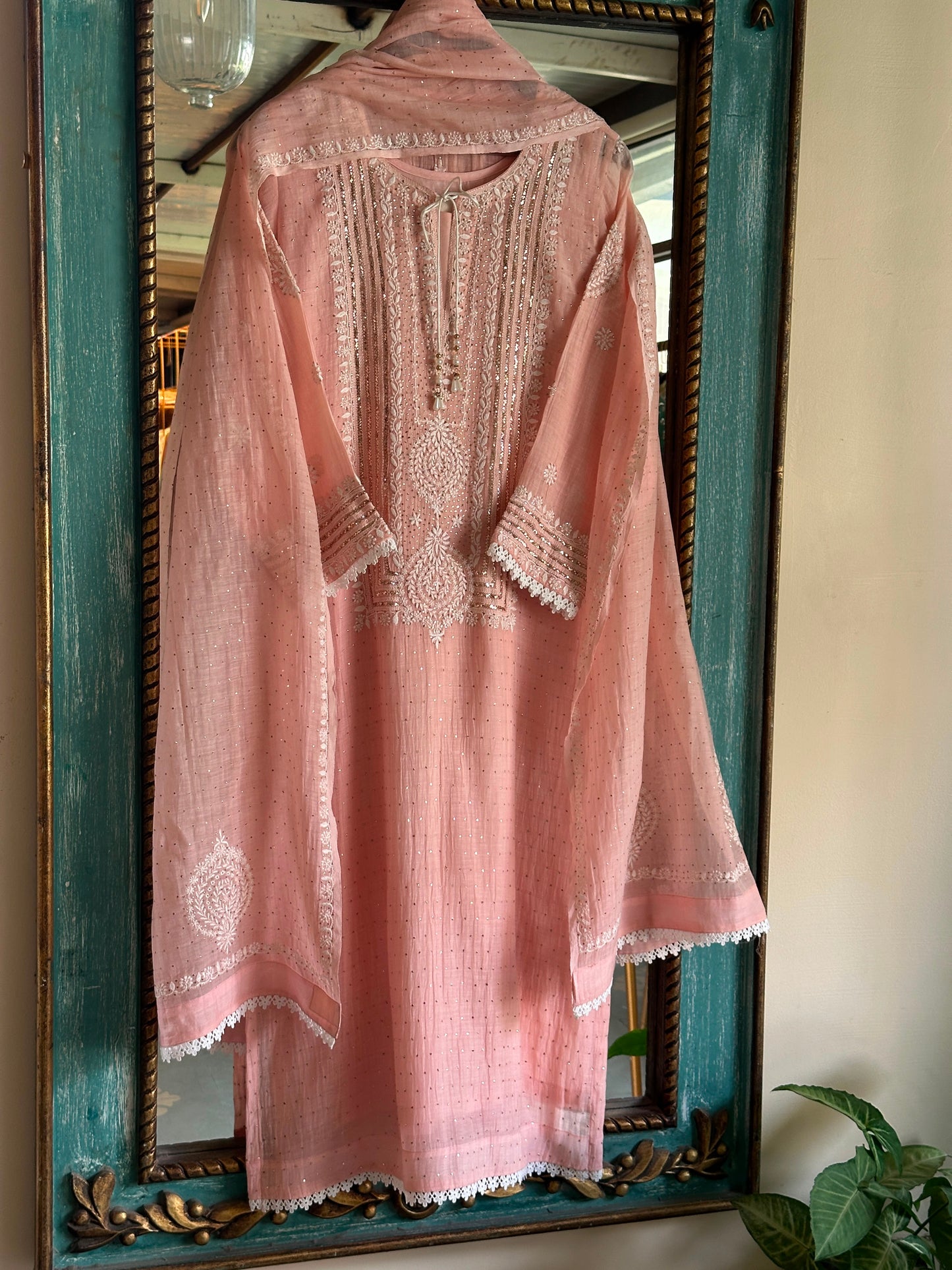 Peach Mal Heavy Chikankari Yoke Kurta Set with Kamdani Mukaish