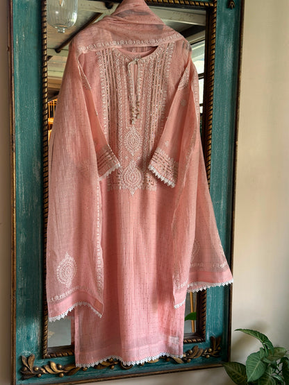 Peach Mal Heavy Chikankari Yoke Kurta Set with Kamdani Mukaish