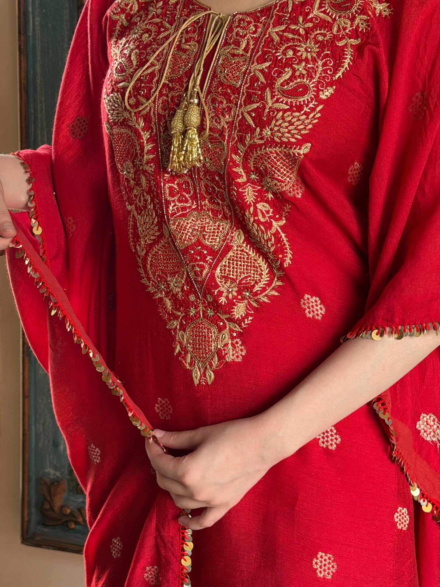 Red Zari Chanderi Chikankari Kaftan