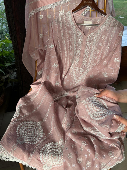 Pink Shade Malmal Pearl Work Chikankari Anarkali