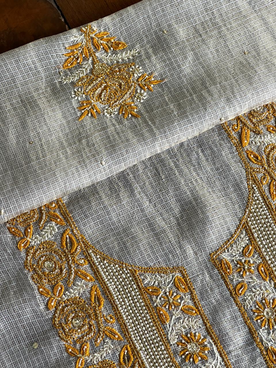 Grey & Mustard Shade Tissue Kota Chikankari Unstitched Fabric
