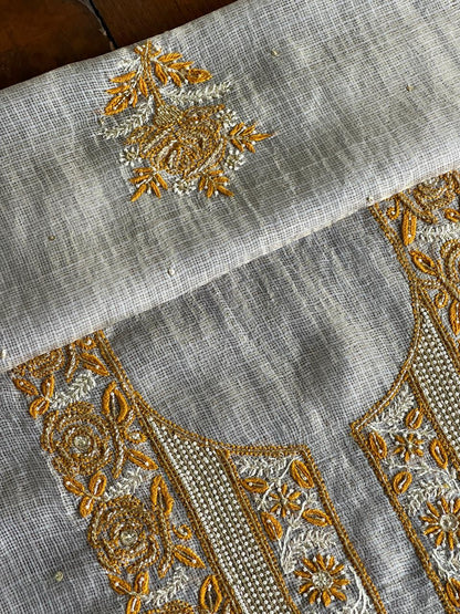 Grey & Mustard Shade Tissue Kota Chikankari Unstitched Fabric