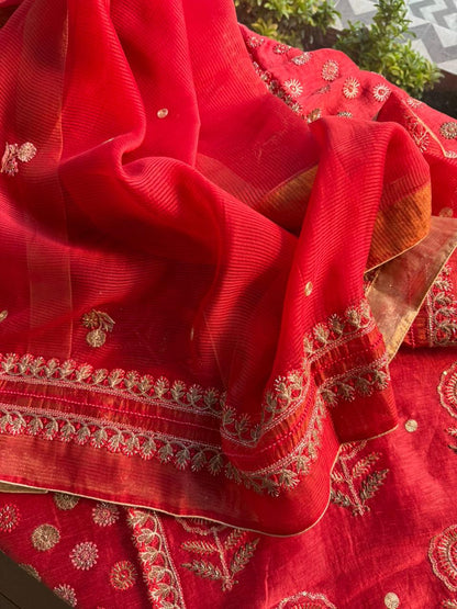 Brick Red Linen Silk Chikankari With Ari Work Unstitched Kurta Dupatta Set