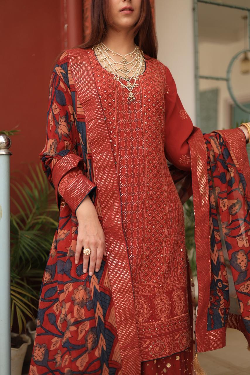 Madder Rust Red Chikankari Pure Georgette Kurta Gharara Set with Kalamkari Dupatta