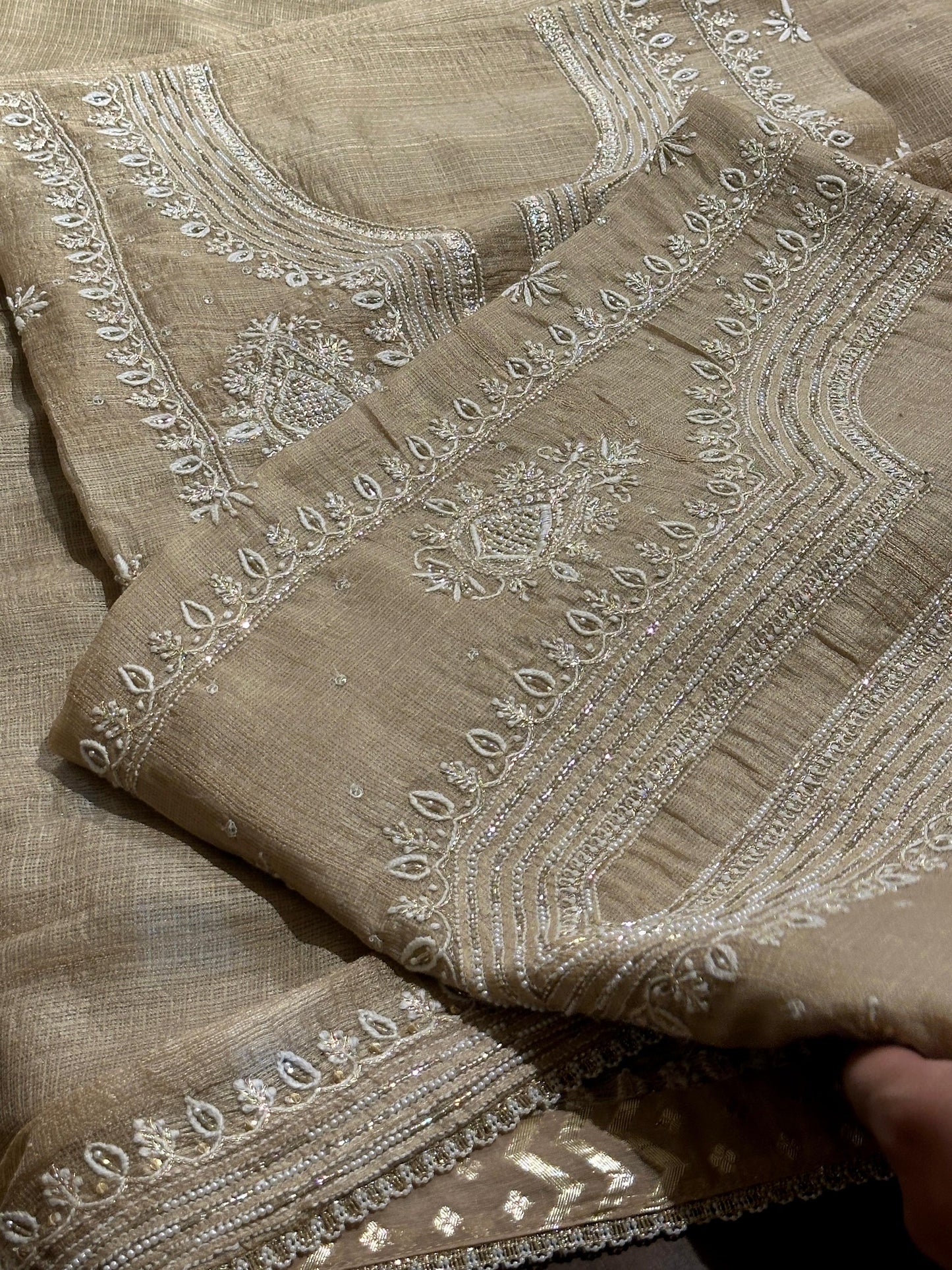 Beige Rasm Tussar Kota Chikankari Unstitched Chikankari Fabric