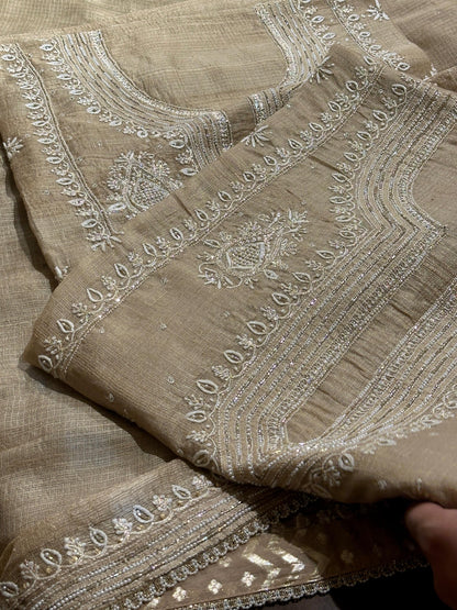 Beige Rasm Tussar Kota Chikankari Unstitched Chikankari Fabric
