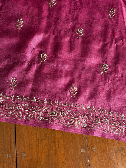 Plum Shade Roheen Tussar Silk Chikankari Fabric