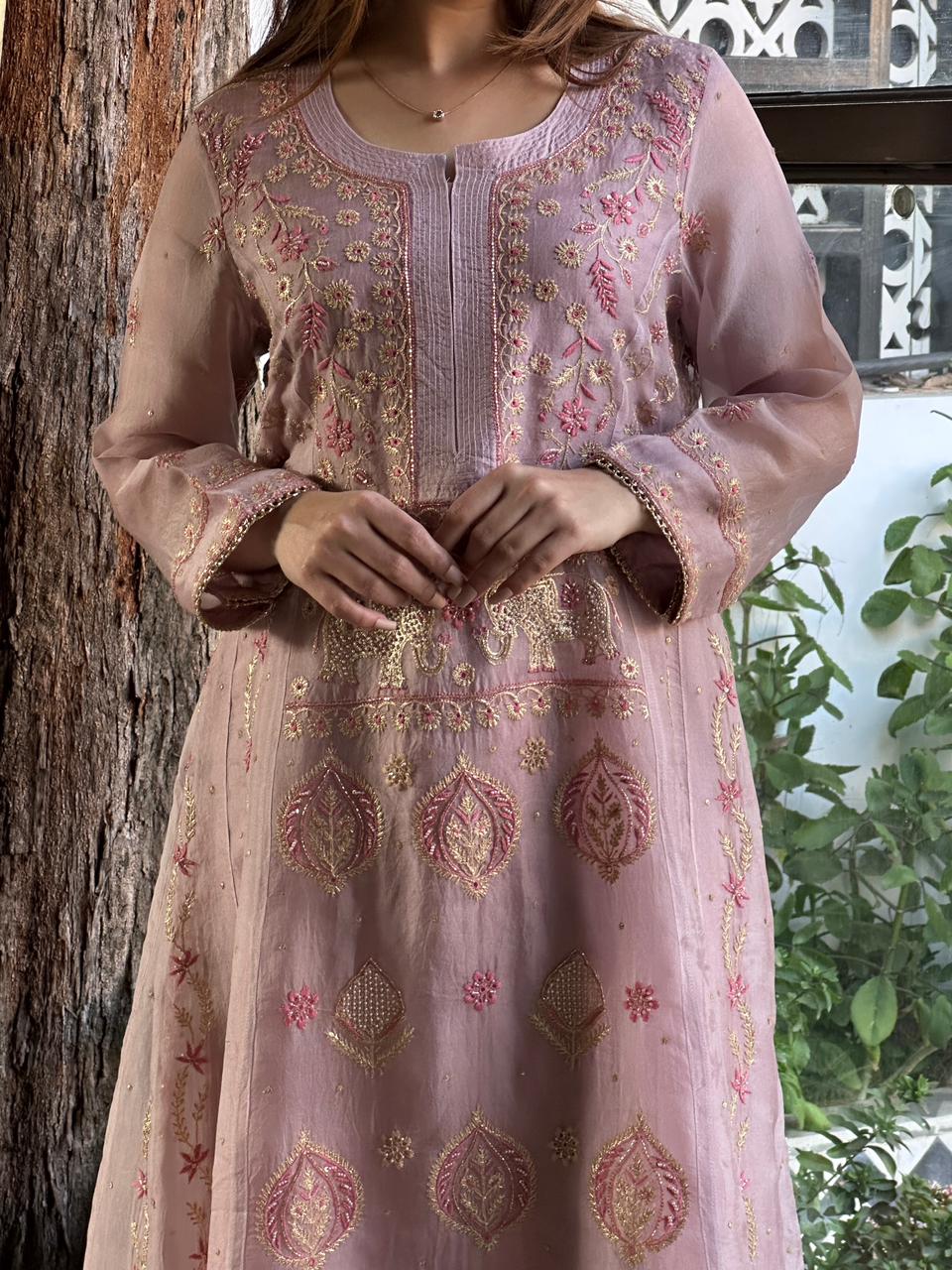 Mauve Pink Shade Noor Organza Chikankari A Line Kurta With Dupatta