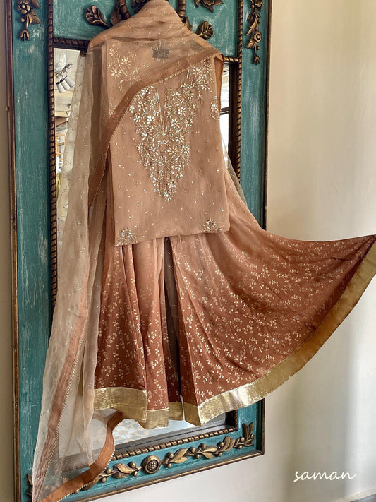 Coffee Brown Ombre Foil Print Organza Chikankari Ready to Wear Sharara Set