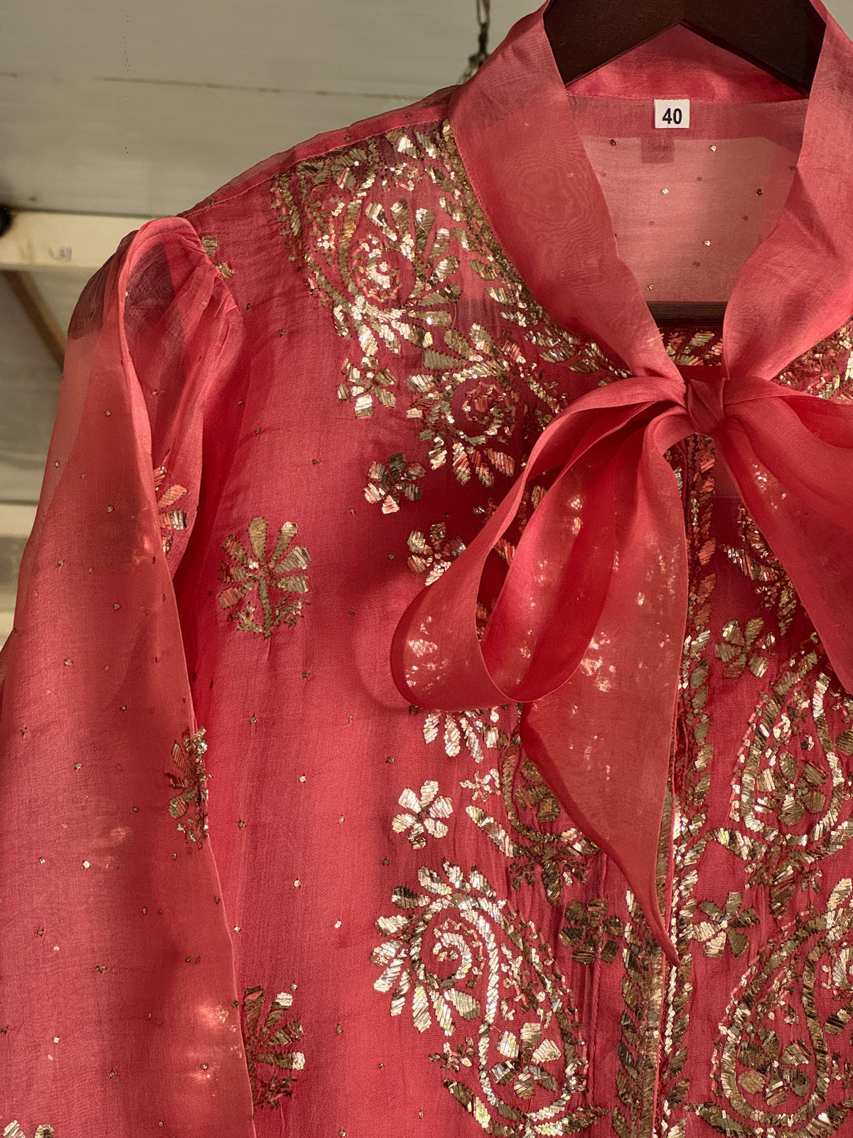 Carrot Pink Noor Organza Mukaish Badla Short Top With Bow Tie