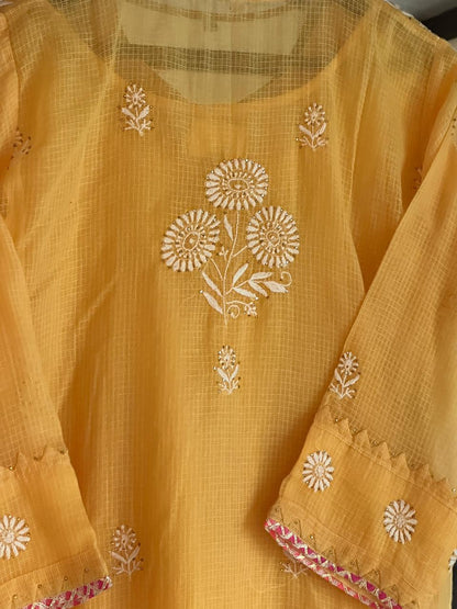 Mustard Yellow Shade Kota Applique Chikankari Kurta Dupatta Set