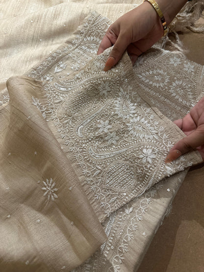 Semi Stitched Natural Shade Tussar Silk Chikankari Kurta Dupatta Sets