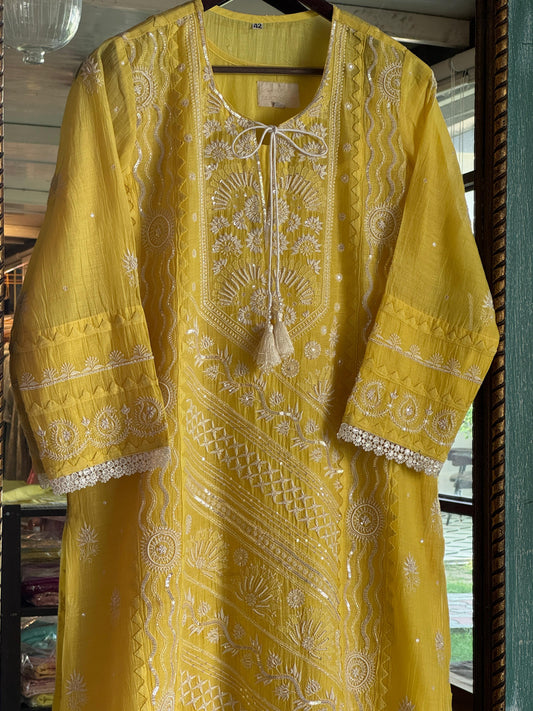 Yellow Mulmul Pearl White Chikankari Ready to Wear Kurta Set