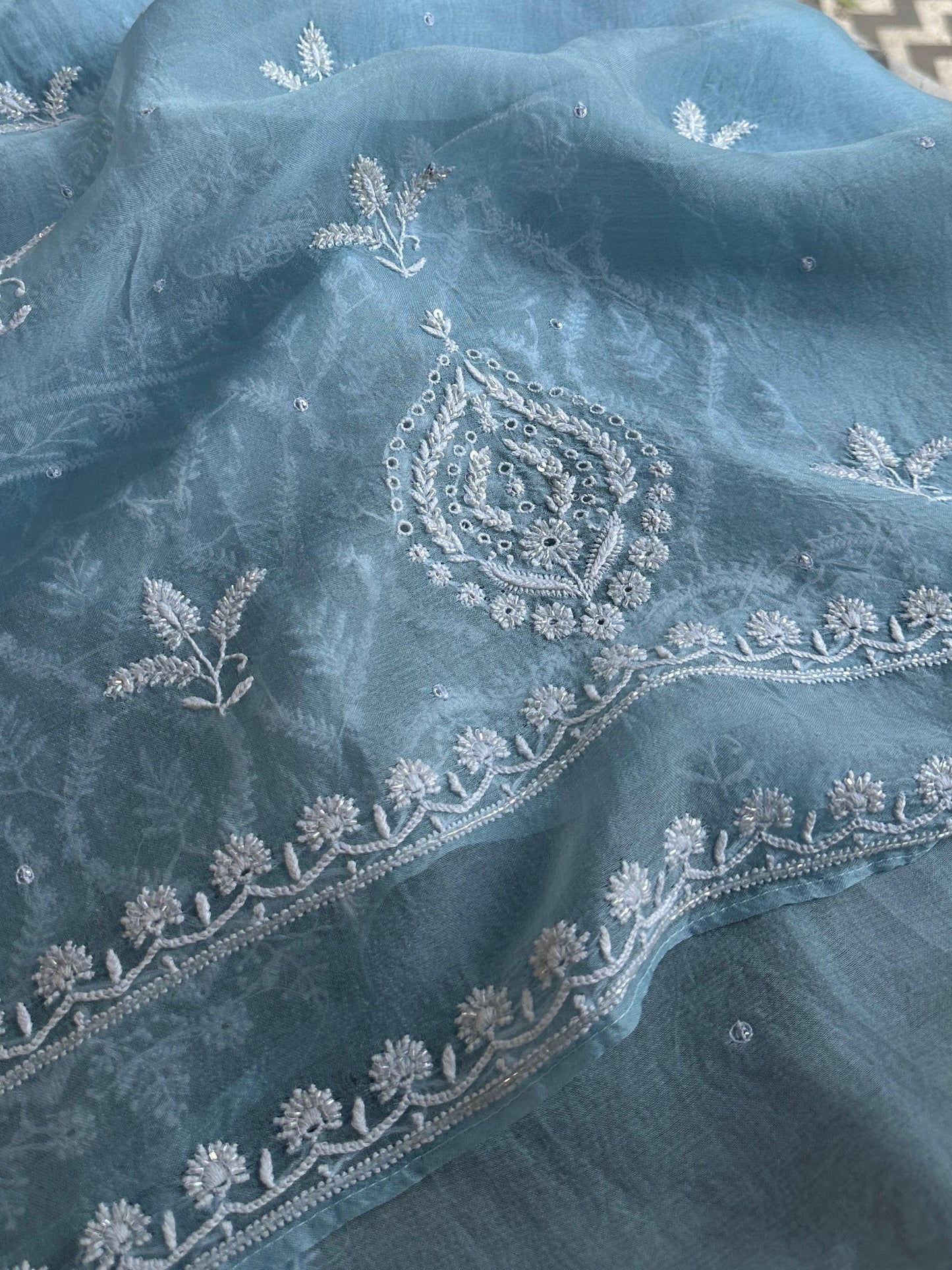 Powder Blue Noor Organza Banarasi Silk Chikankari Unstitched Kurta Dupatta Set