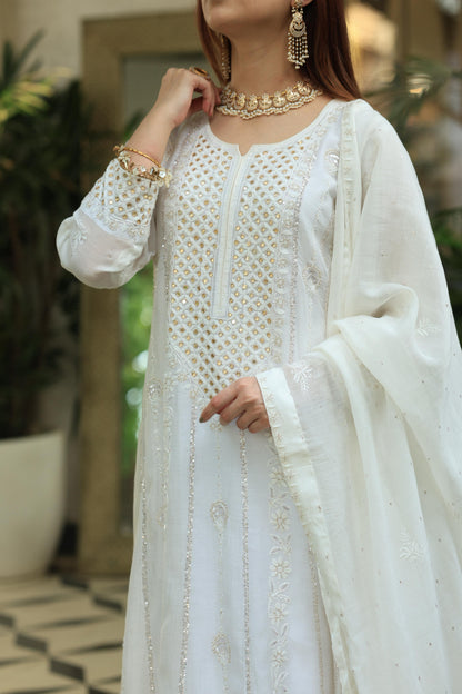 White Malmal Pearl Work Chikankari A Line Kalidar Kurta With Dupatta