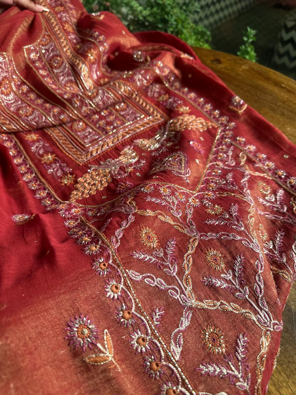Red Tissue Silk Chikankari Unstitched Fabrics