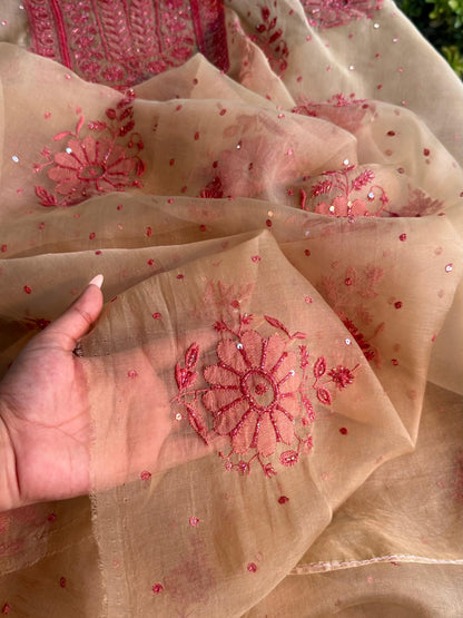 Beige Red Noor Organza Silk Chikankari Unstitched Kurta Dupatta Set