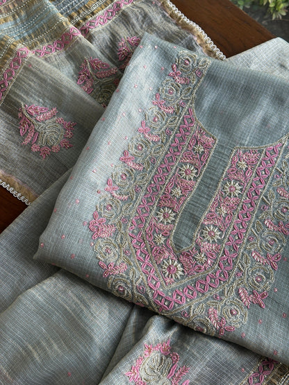 Smokey Grey Shade Tissue Kota Chikankari Unstitched Fabric