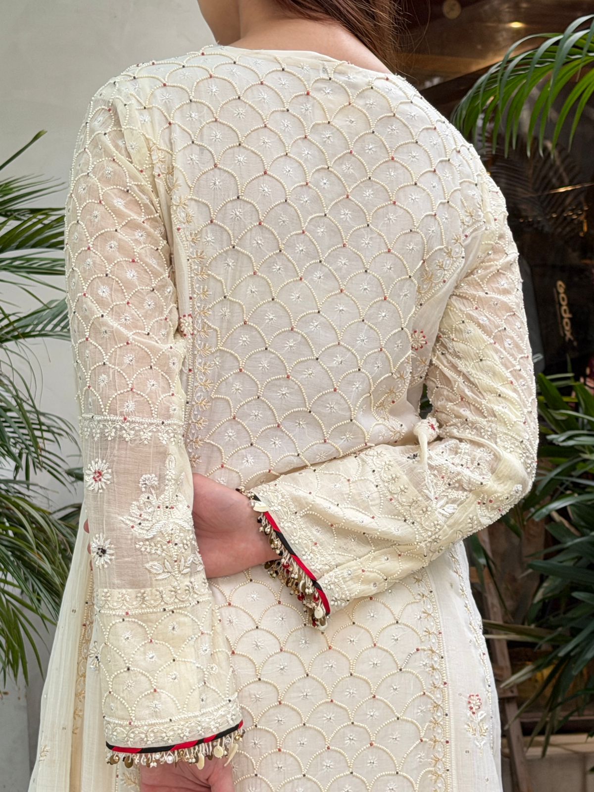Off White Shade Malmal Pearl Work Chikankari A Line Kalidar Kurta With Dupatta