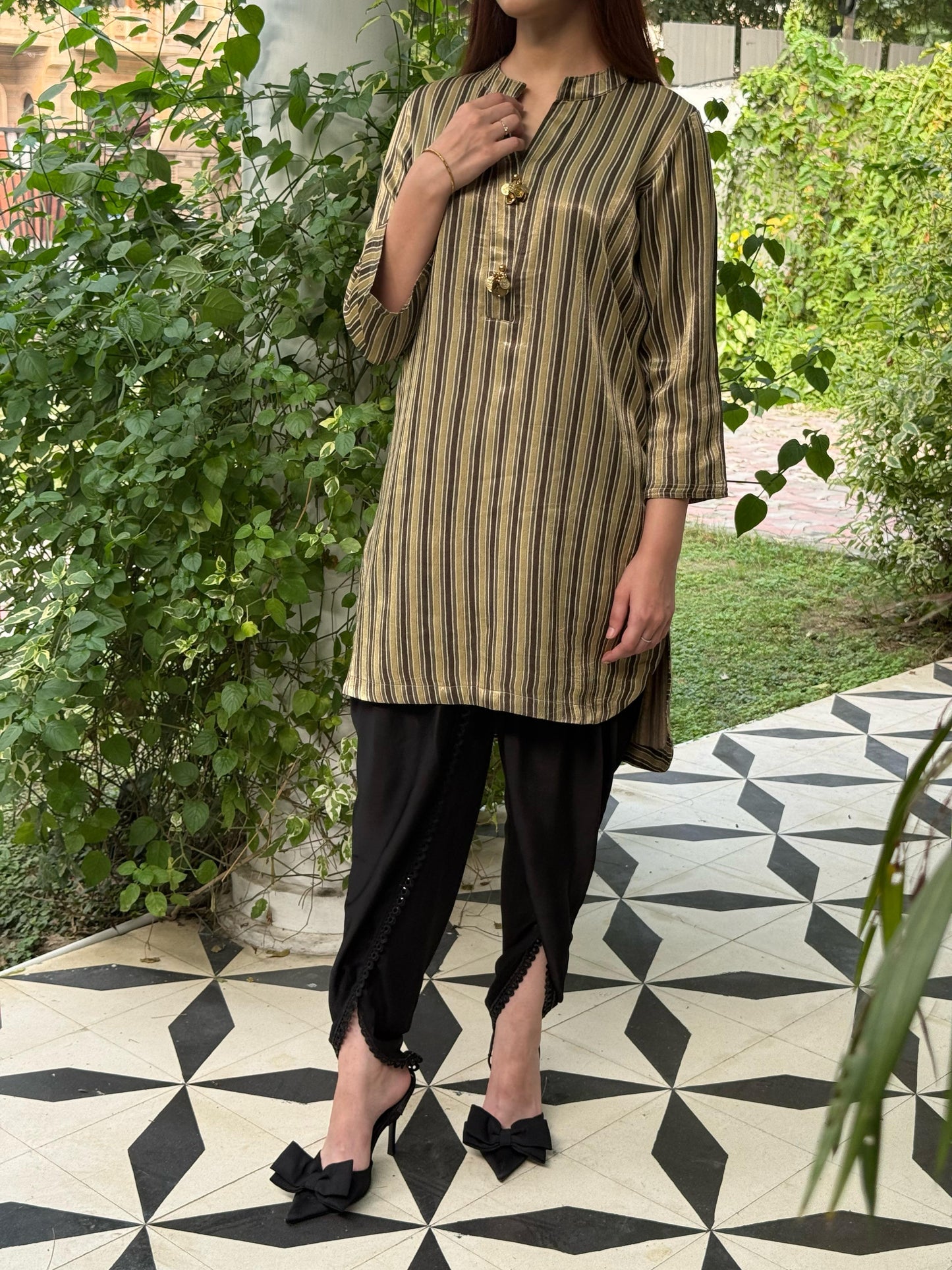 Ajrak Tan Brown Shade Mashru Silk, Short Kurta