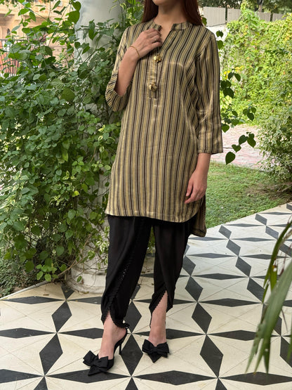 Ajrak Tan Brown Shade Mashru Silk, Short Kurta
