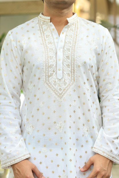 Off White Zari Chanderi Chikankari Ready to Wear Men’s Kurta