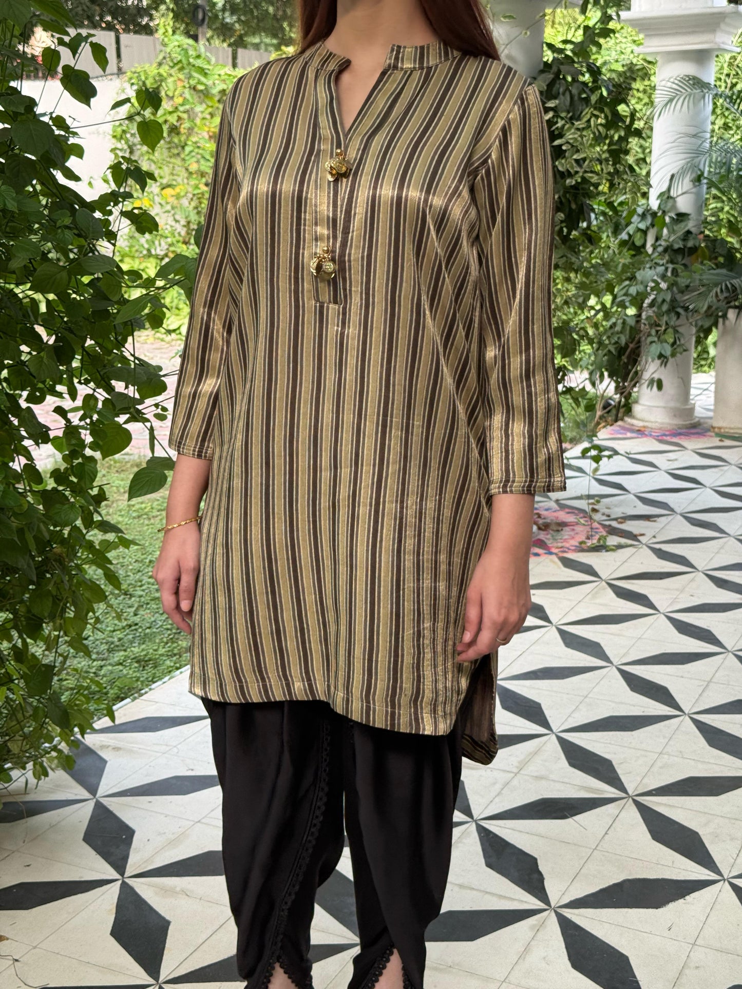Ajrak Tan Brown Shade Mashru Silk, Short Kurta