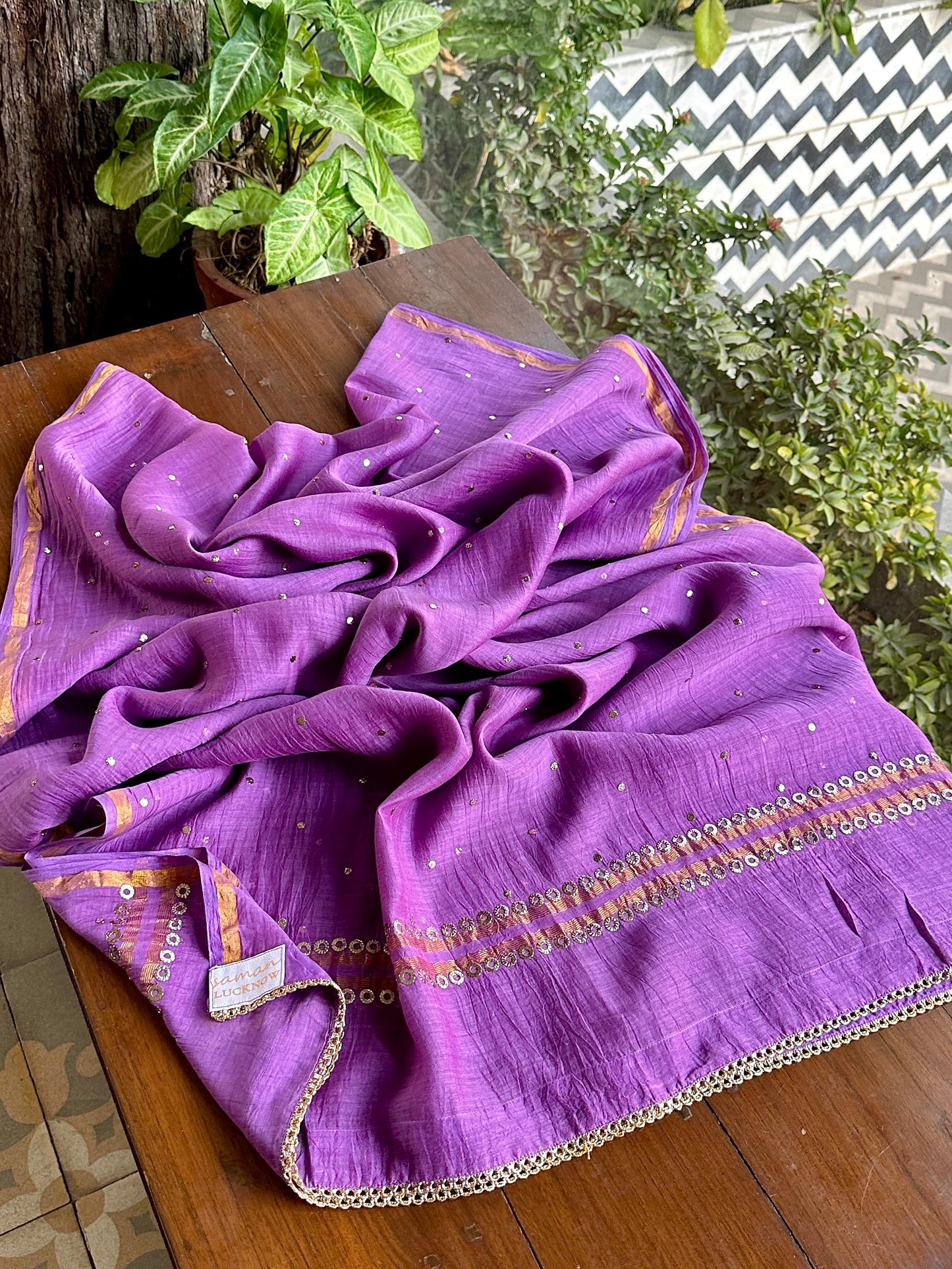 Deep Purple Shade Mukaish Mul Chanderi Silk Dress