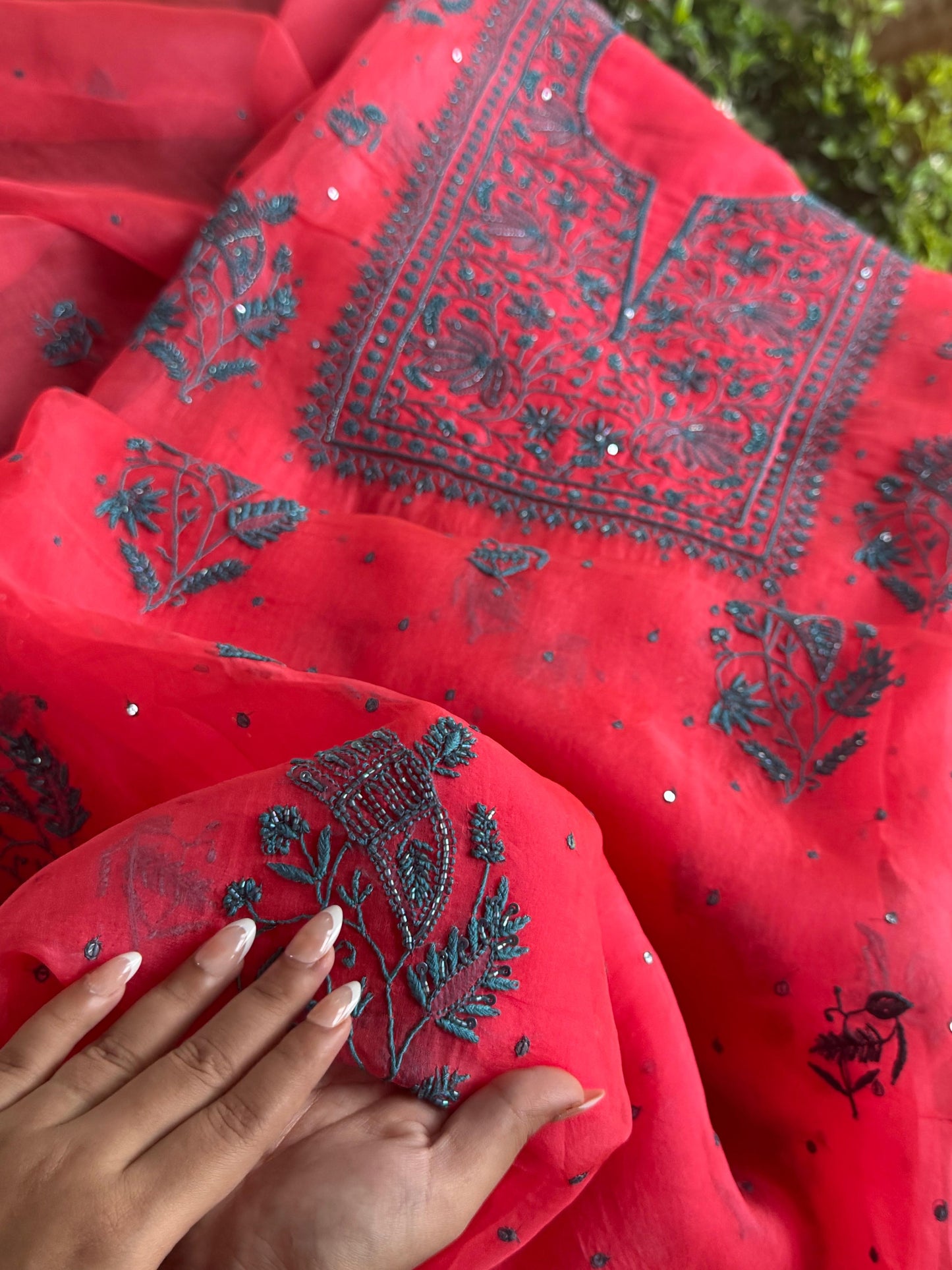 Watermelon Red Shade Noor Organza Silk Chikankari Unstitched Kurta Dupatta Set