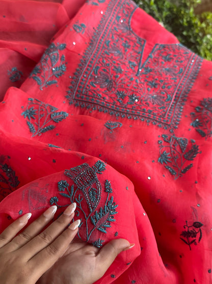 Watermelon Red Shade Noor Organza Silk Chikankari Unstitched Kurta Dupatta Set