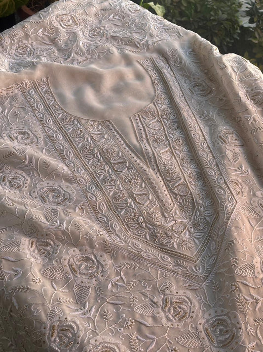Off White shade Pure Georgette Front & Back Chikankari Kurta Dupatta Set