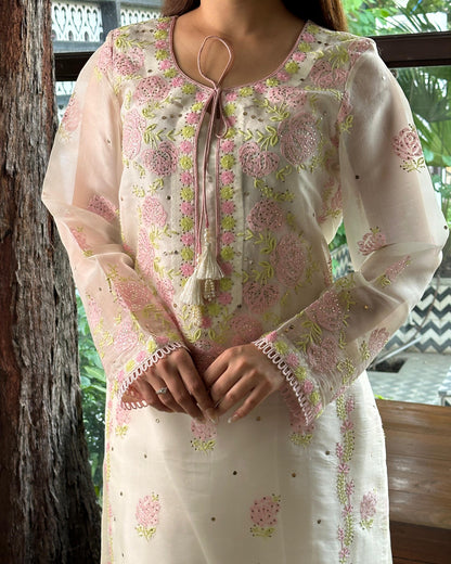White Mukaish Kamdani Noor Organza Chikankari Kurta Set