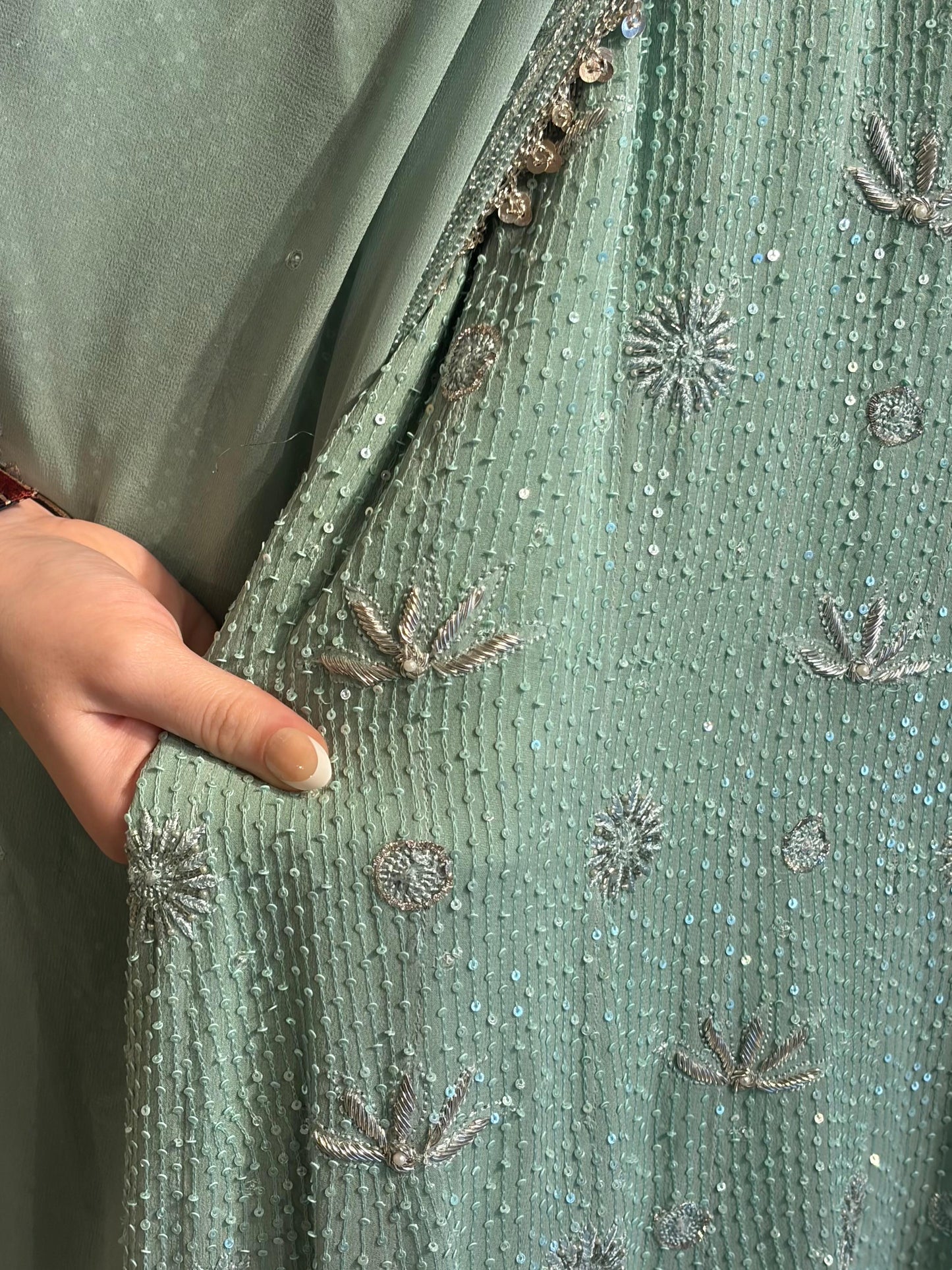 Cement Green Sequinned Georgette Chikankari Anarkali