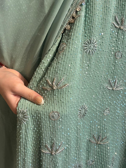 Cement Green Sequinned Georgette Chikankari Anarkali