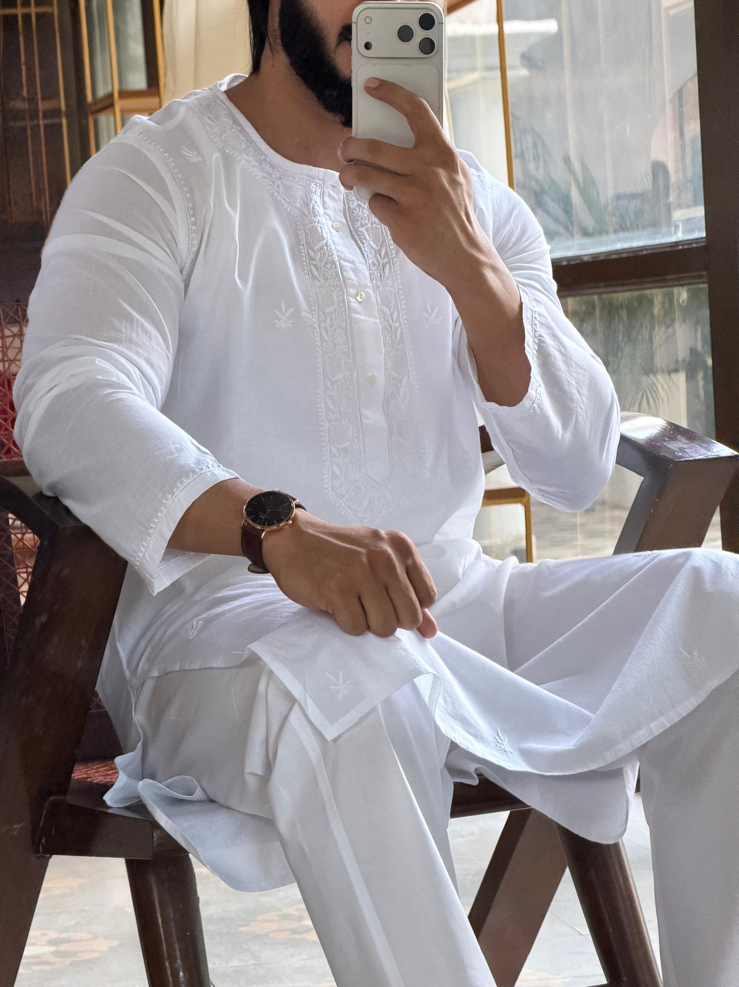 White Fine Chikankari Men's Cotton Kurta