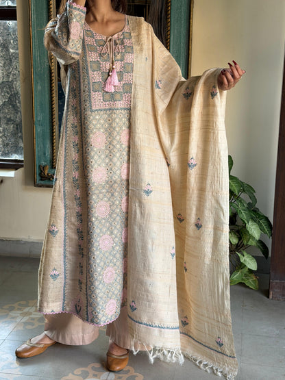 Basak Pink & Blue Natural Tussar Silk Kalidar Chikankari Kurta Set