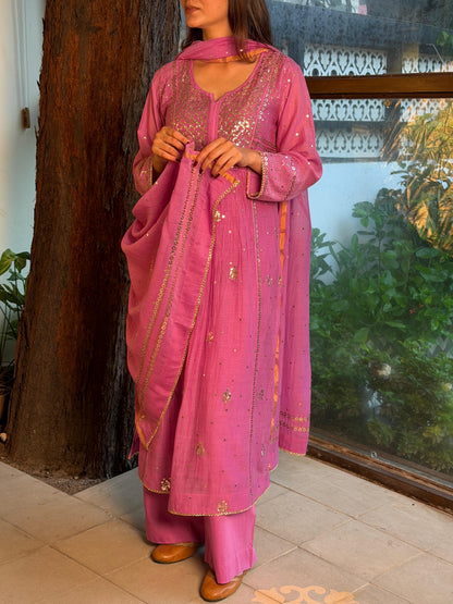 Deep Purple Mukaish Mul Chanderi Silk Ready To Wear Dress