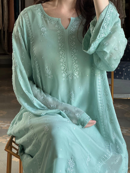 Pastel Sea Green Chiffon Kurta with Afghani Salwar – Fine Chikankari Work