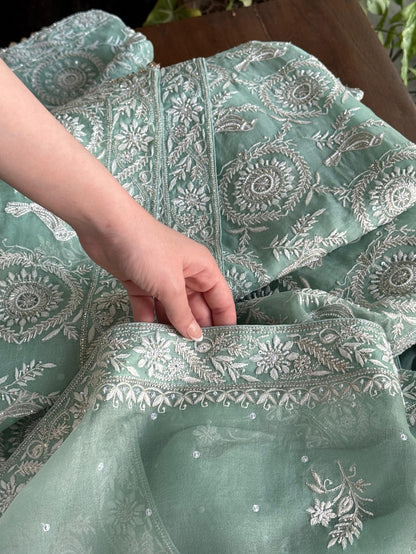 Mint Green Sparrow Motif Noor Organza Chikankari Saree With Blouse