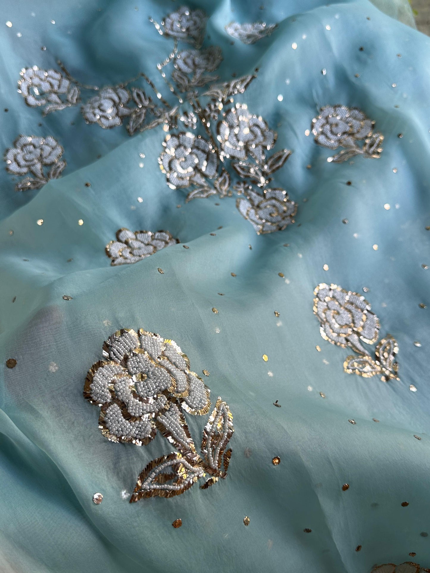 Blue Noor Organza Silk Mukaish Pearl Chikankari Unstitched Fabric
