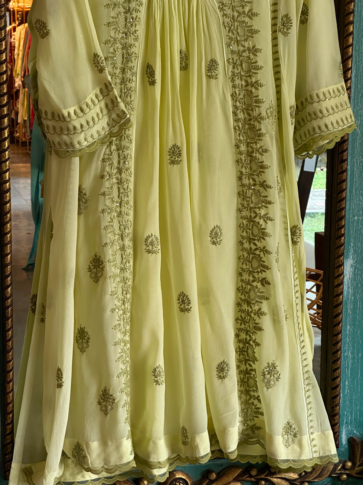 Pista Green Chiffon Chikankari Kurta with Lace Detailing