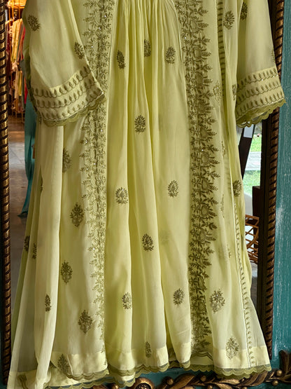 Pista Green Chiffon Chikankari Kurta with Lace Detailing
